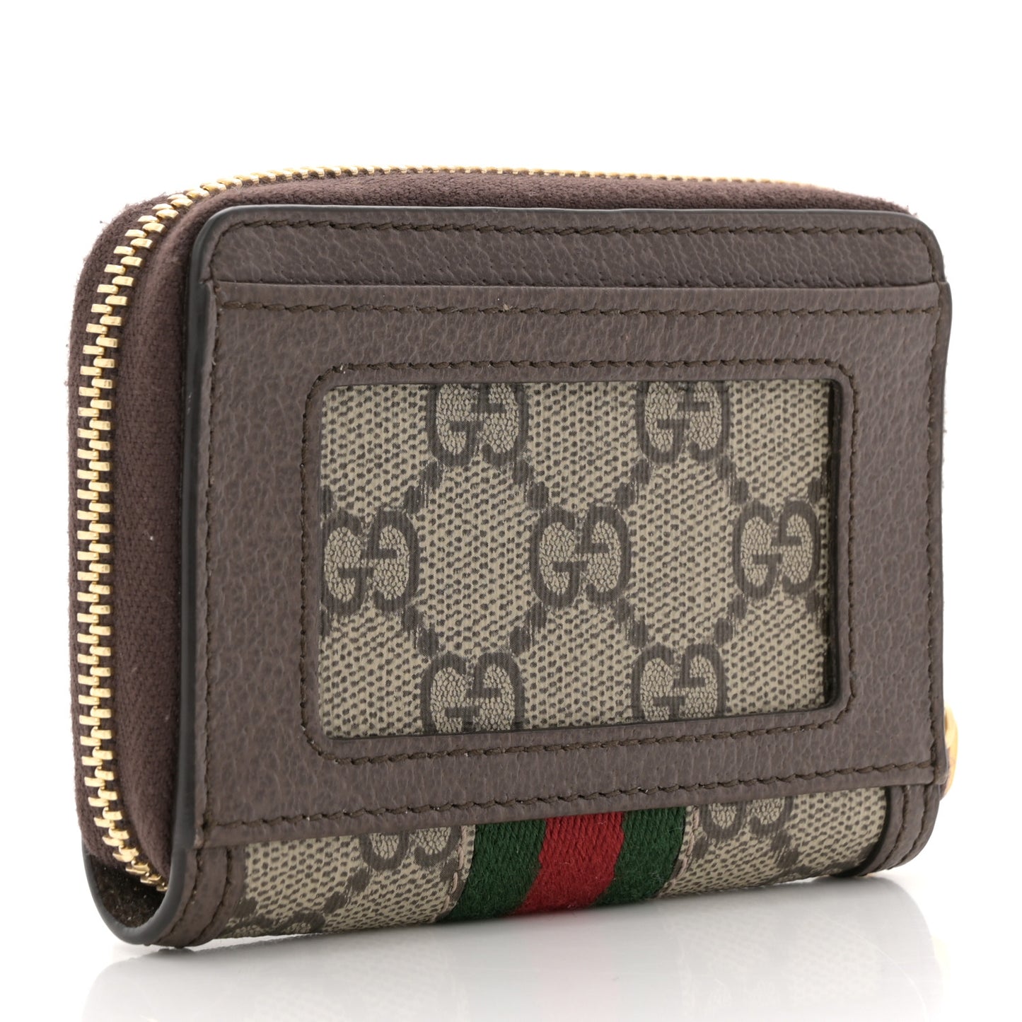 GG Supreme Monogram Textured Dollar Calfskin Web Ophidia Zip Around Card Case Wallet Beige Ebony New Acero