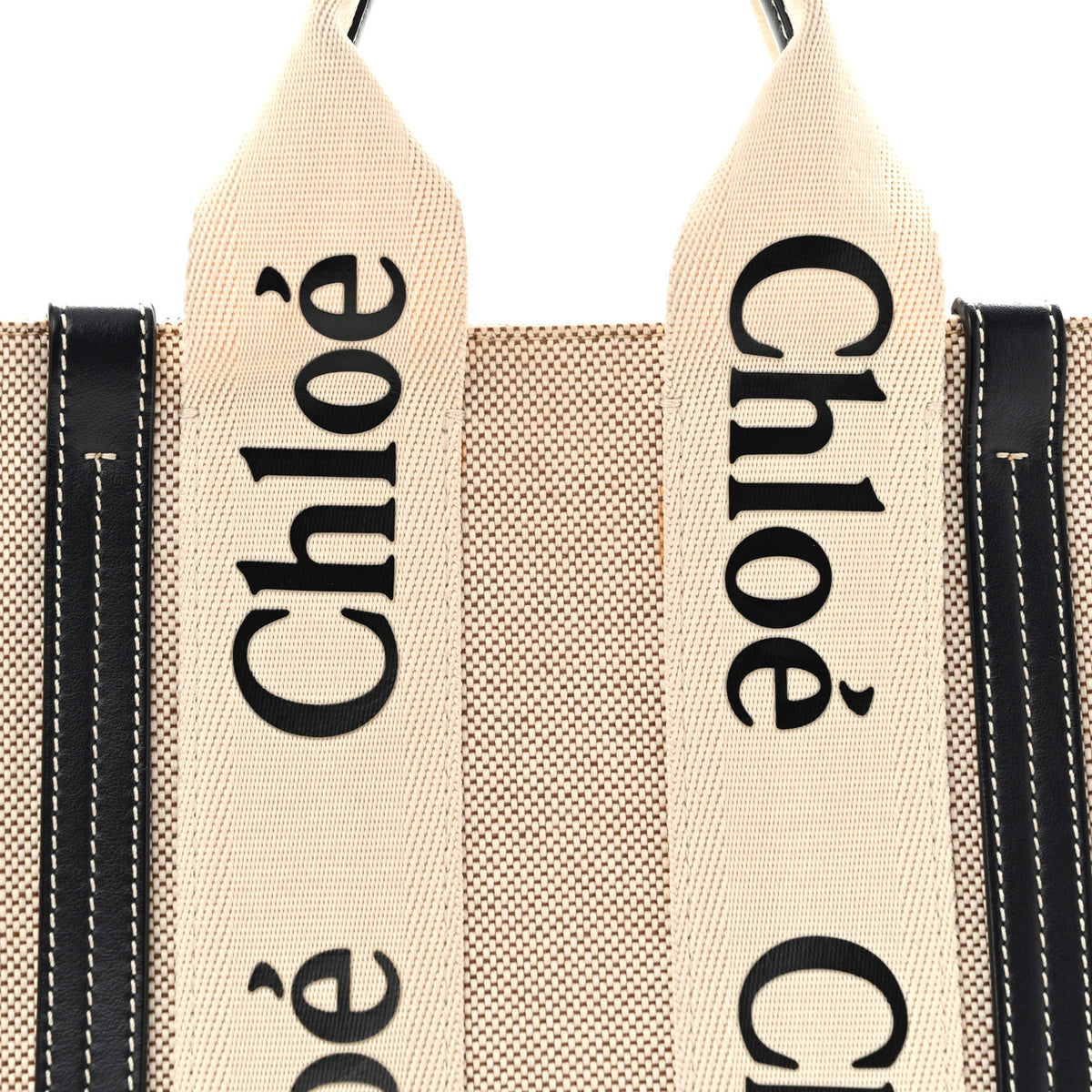 Chloe Linen Calfskin Small Woody Ribbon Tote White Black 8 of 14