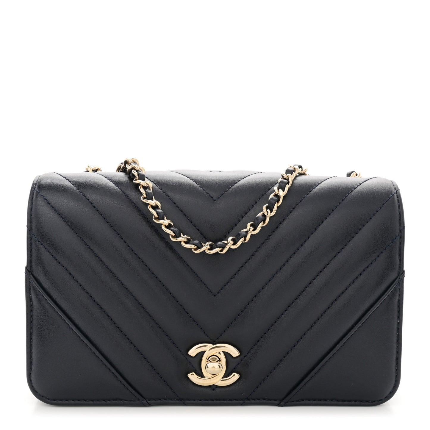 Calfskin Chevron Quilted Mini Statement Flap Navy Blue