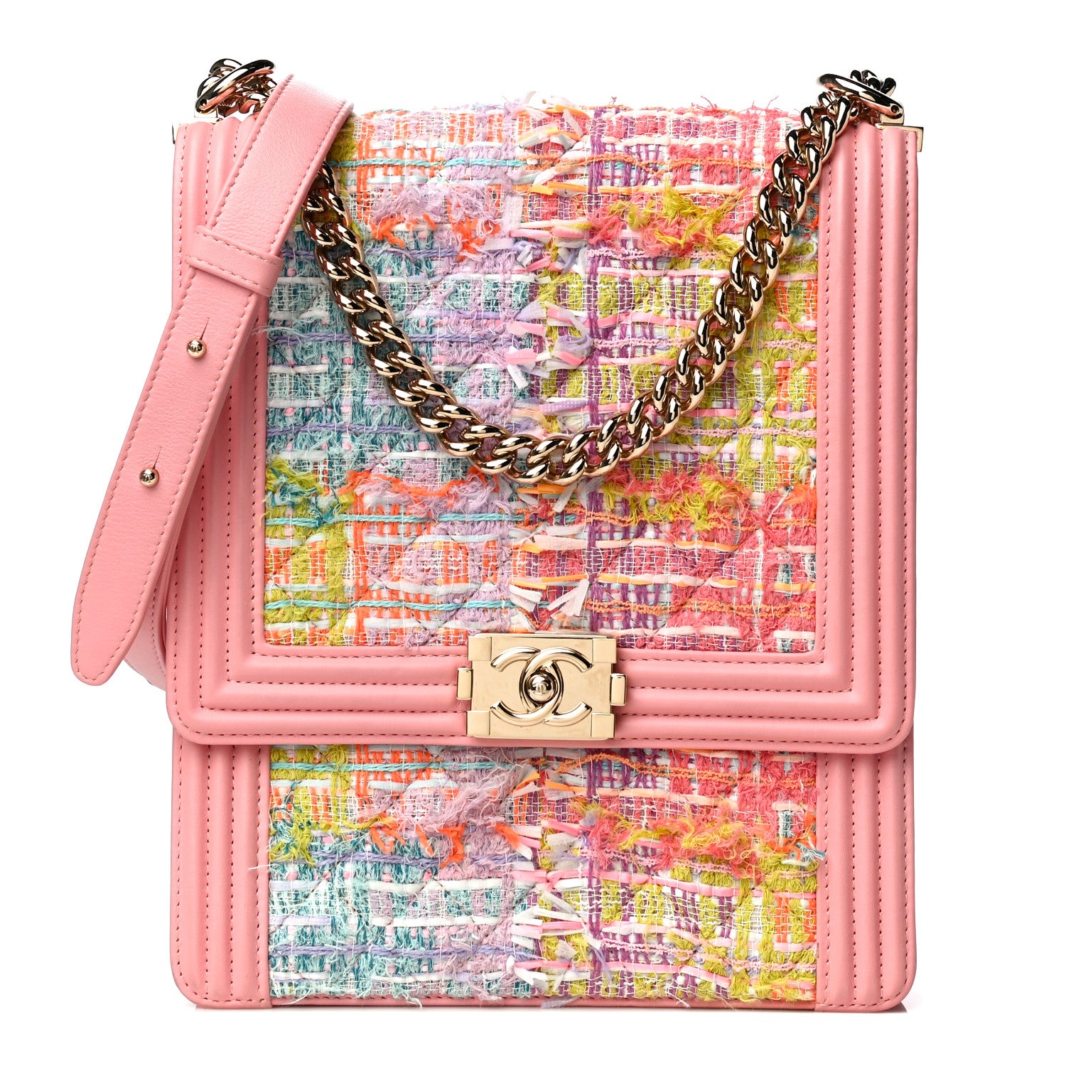 Chanel Calfskin Tweed Quilted North South Boy Flap Pink 1 of 21