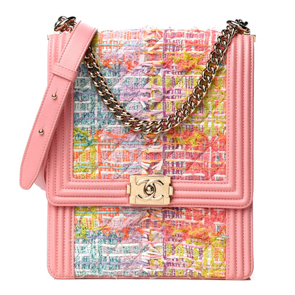 Chanel Calfskin Tweed Quilted North South Boy Flap Pink 1 of 21
