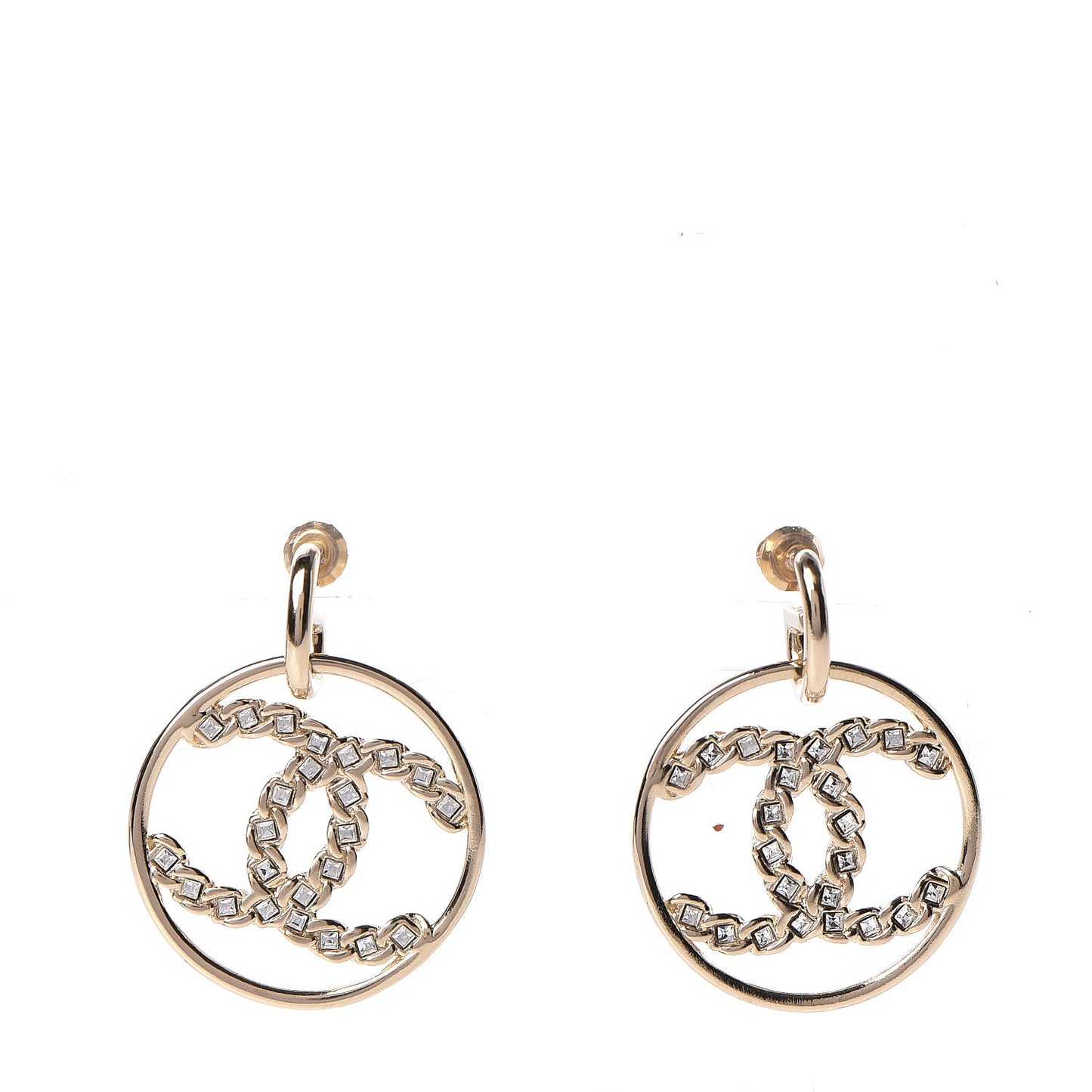 Crystal Chain Strass CC Drop Earrings Gold