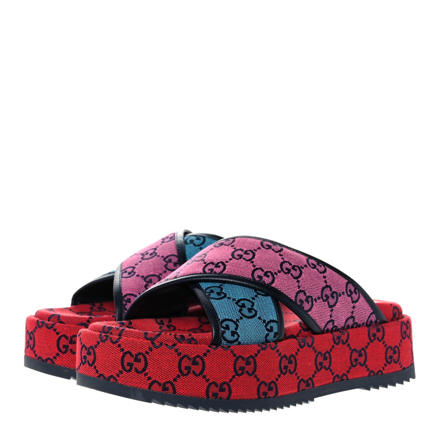 Gucci Monogram Multicolor Criss Cross Platform Slide Sandals 39 Light Blue Blue Pink Red 3 of 9