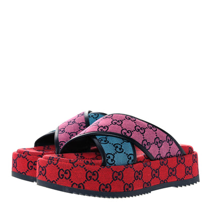 Gucci Monogram Multicolor Criss Cross Platform Slide Sandals 39 Light Blue Blue Pink Red 3 of 9