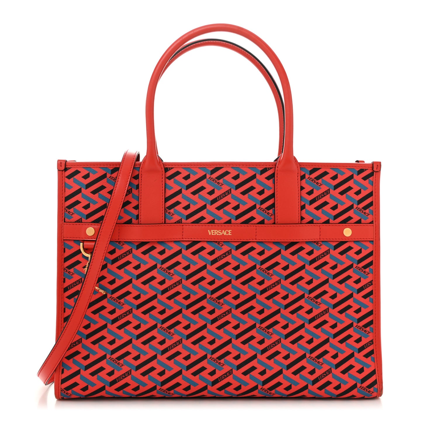 Coated Canvas Calfskin La Greca Signature Tote Bag Blue Red