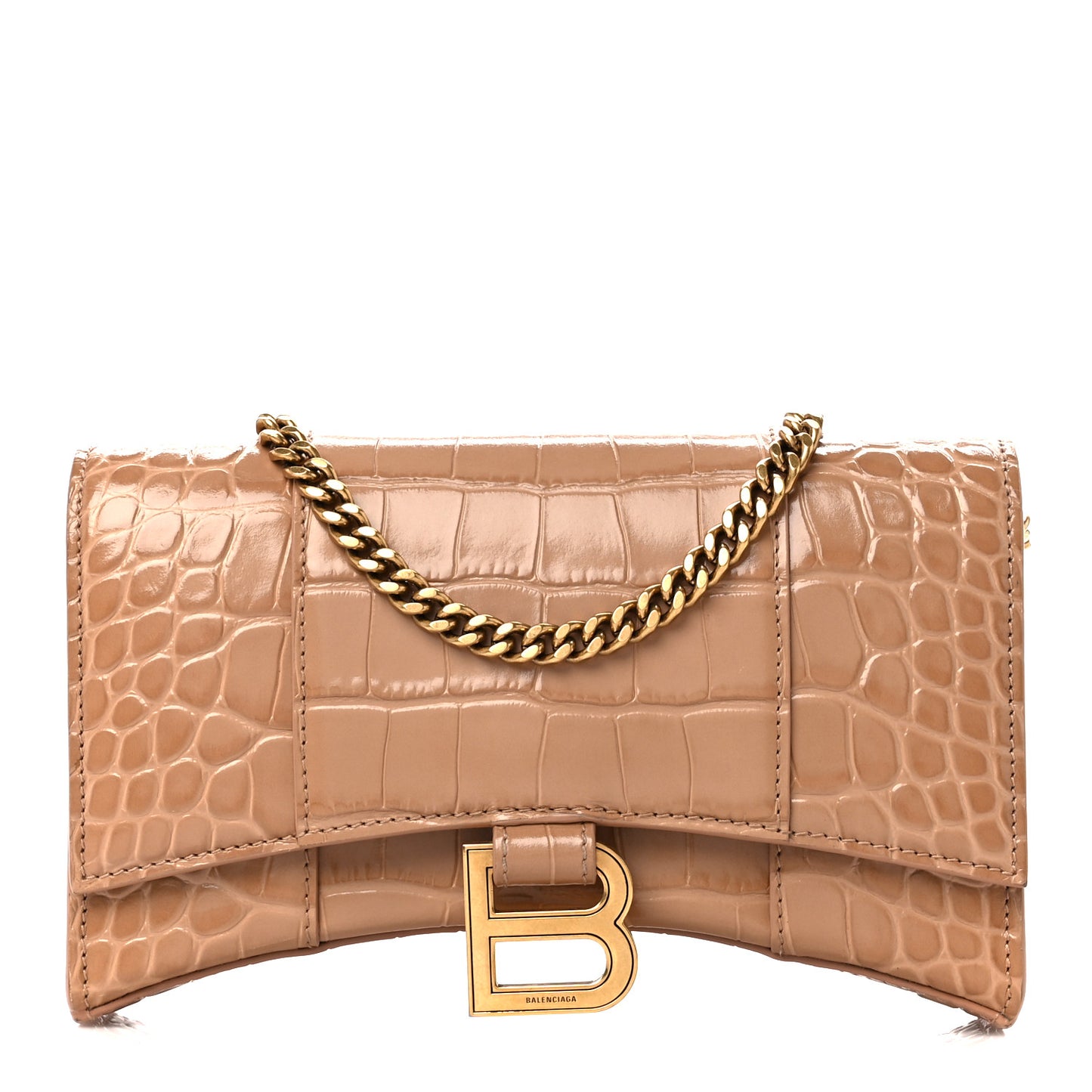 Shiny Calfskin Crocodile Embossed Hourglass Chain Bag Nude Beige