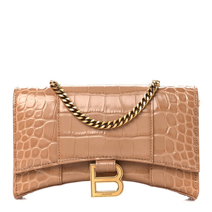 Balenciaga Shiny Calfskin Crocodile Embossed Hourglass Chain Bag Nude Beige 1 of 11