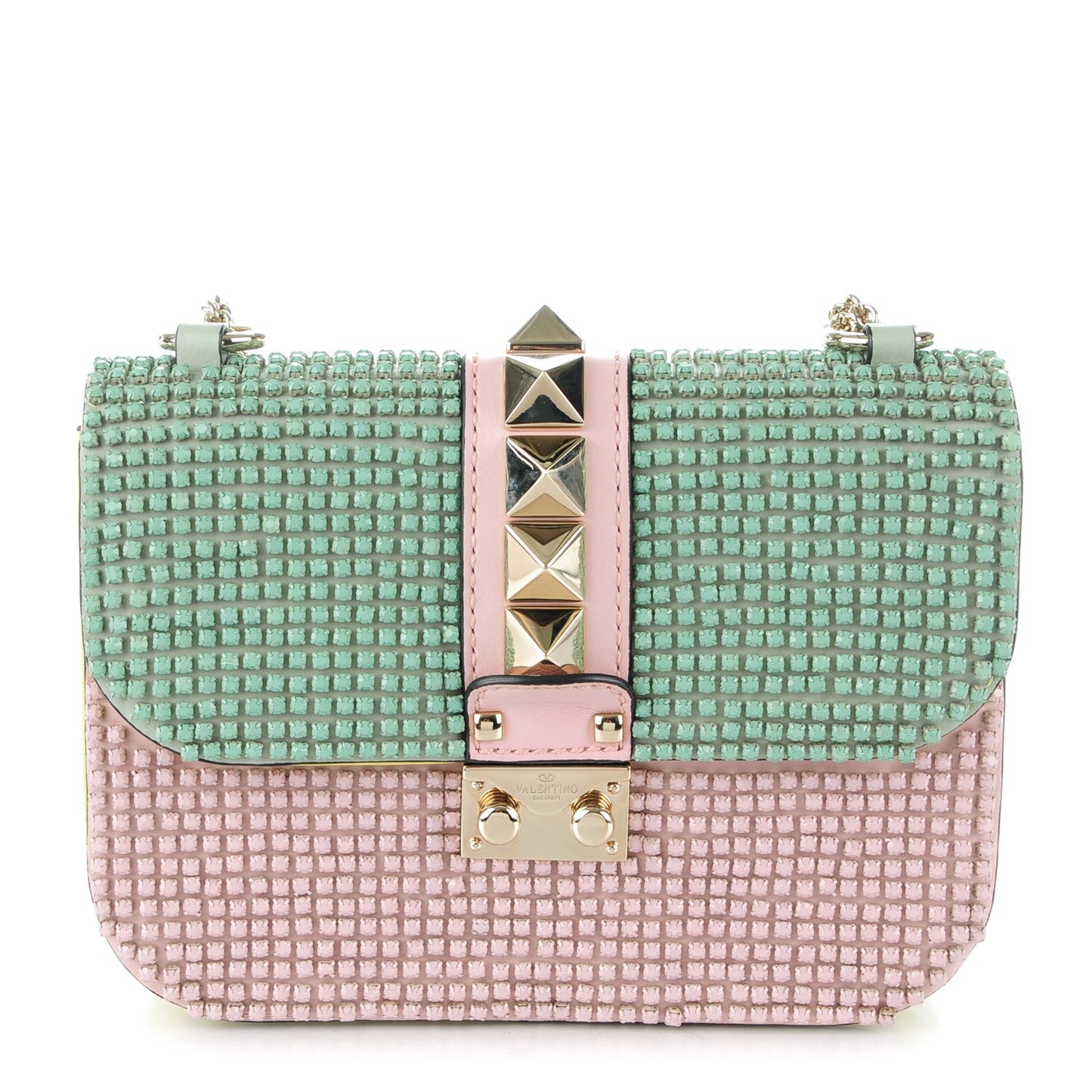 Vitello Crystal Embellished Watercolor Small Glam Lock Rockstud Flap Rose Green Yellow Sky