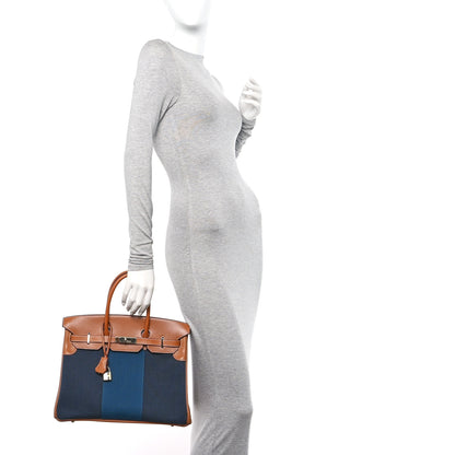 Hermes Toile Natural Barenia Flag Birkin 35 Fauve Bleu Indigo Bleu Thalassa 2 of 19