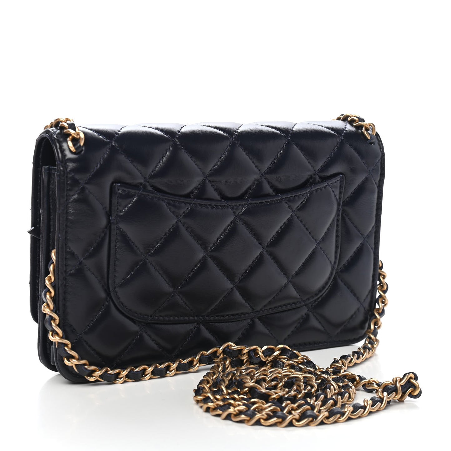 Lambskin Quilted Chain Around Wallet On Chain WOC Navy Blue