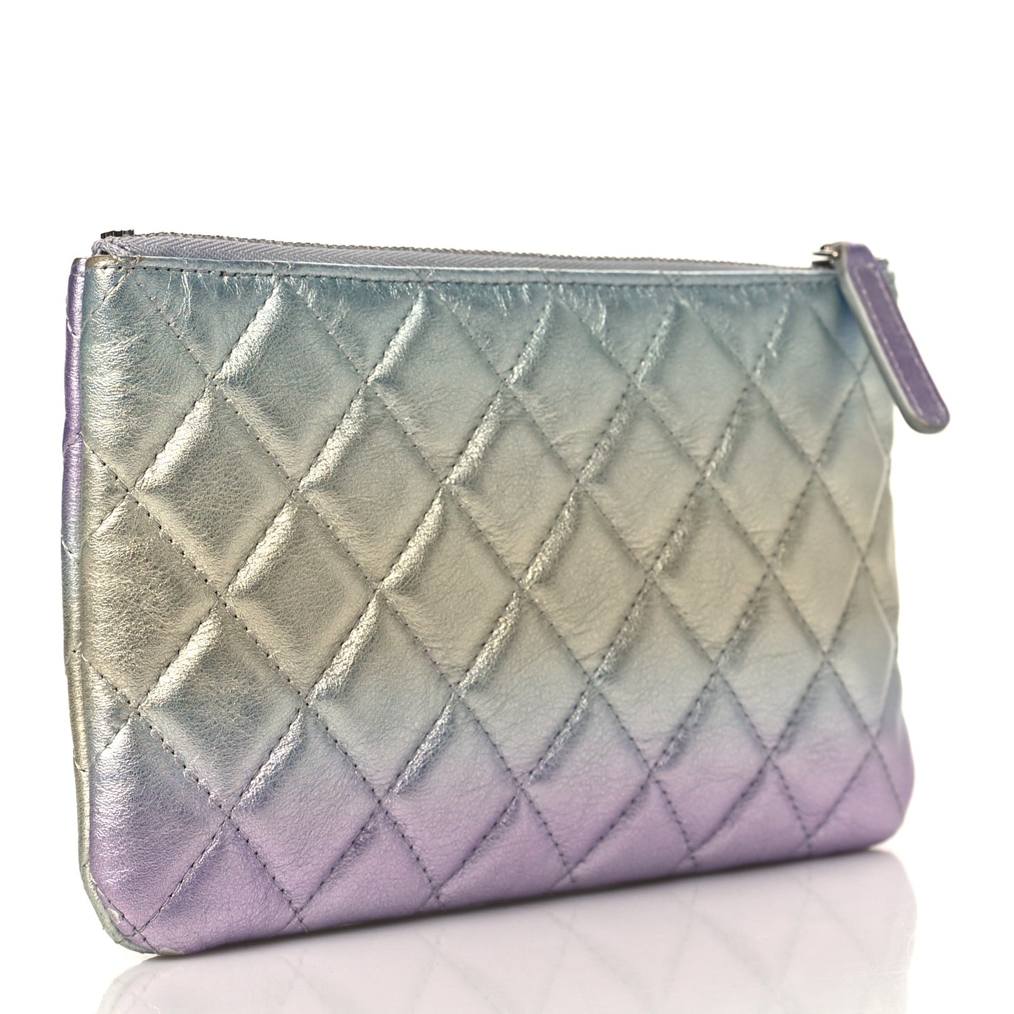 Gradient Metallic Calfskin Quilted Cosmetic Case Silver Blue Yellow Purple
