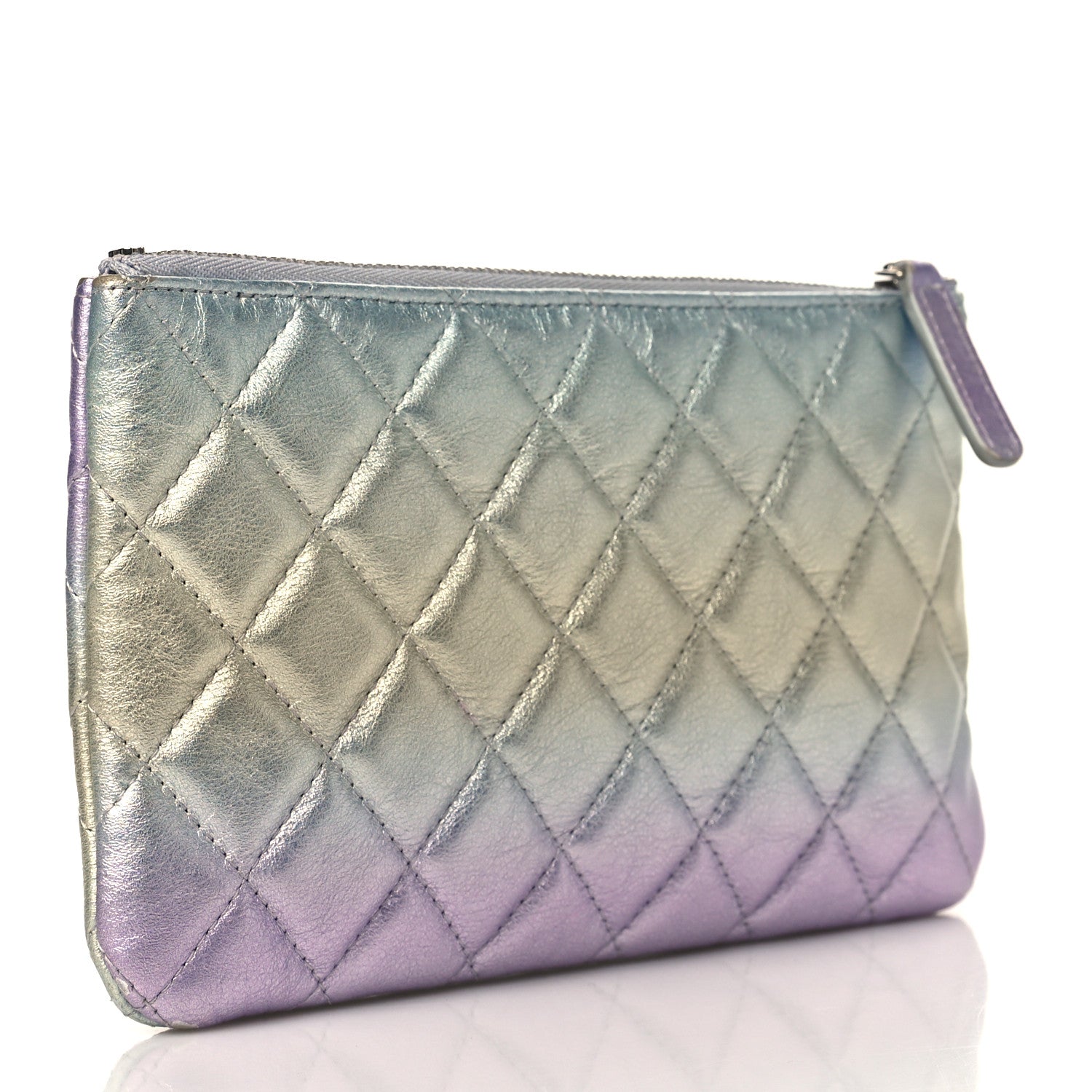Chanel Gradient Metallic Calfskin Quilted Cosmetic Case Silver Blue Yellow Purple 3 of 8