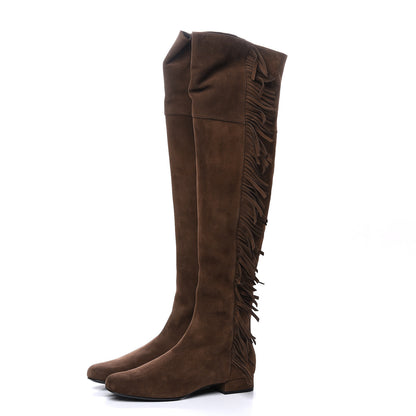 Saint Laurent Suede Goatskin BB 20 Over The Knee Fringed Boots 37.5 Coffee Brown 3 of 7