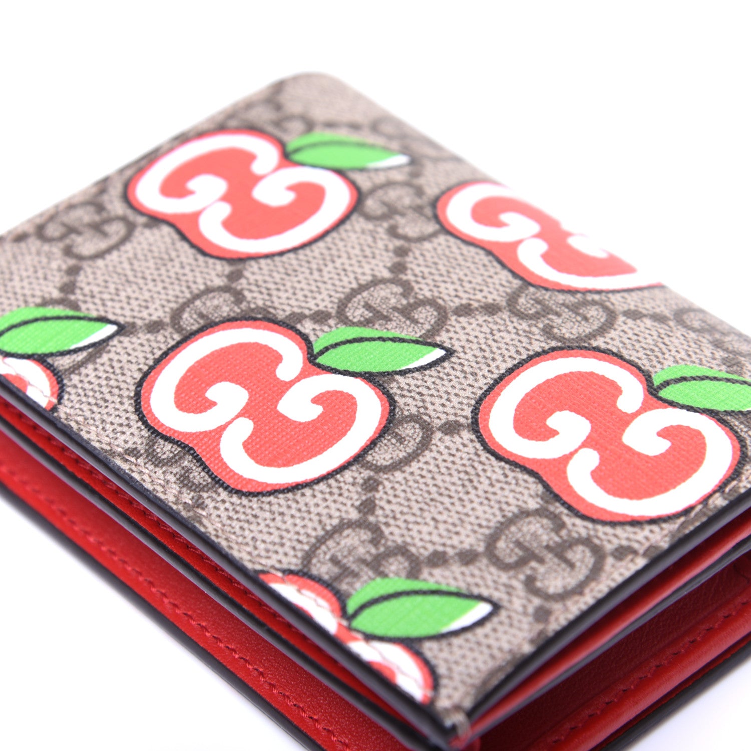 Gucci GG Supreme Monogram Apple Card Case Wallet Beige Multicolor Lobster Red 9 of 11