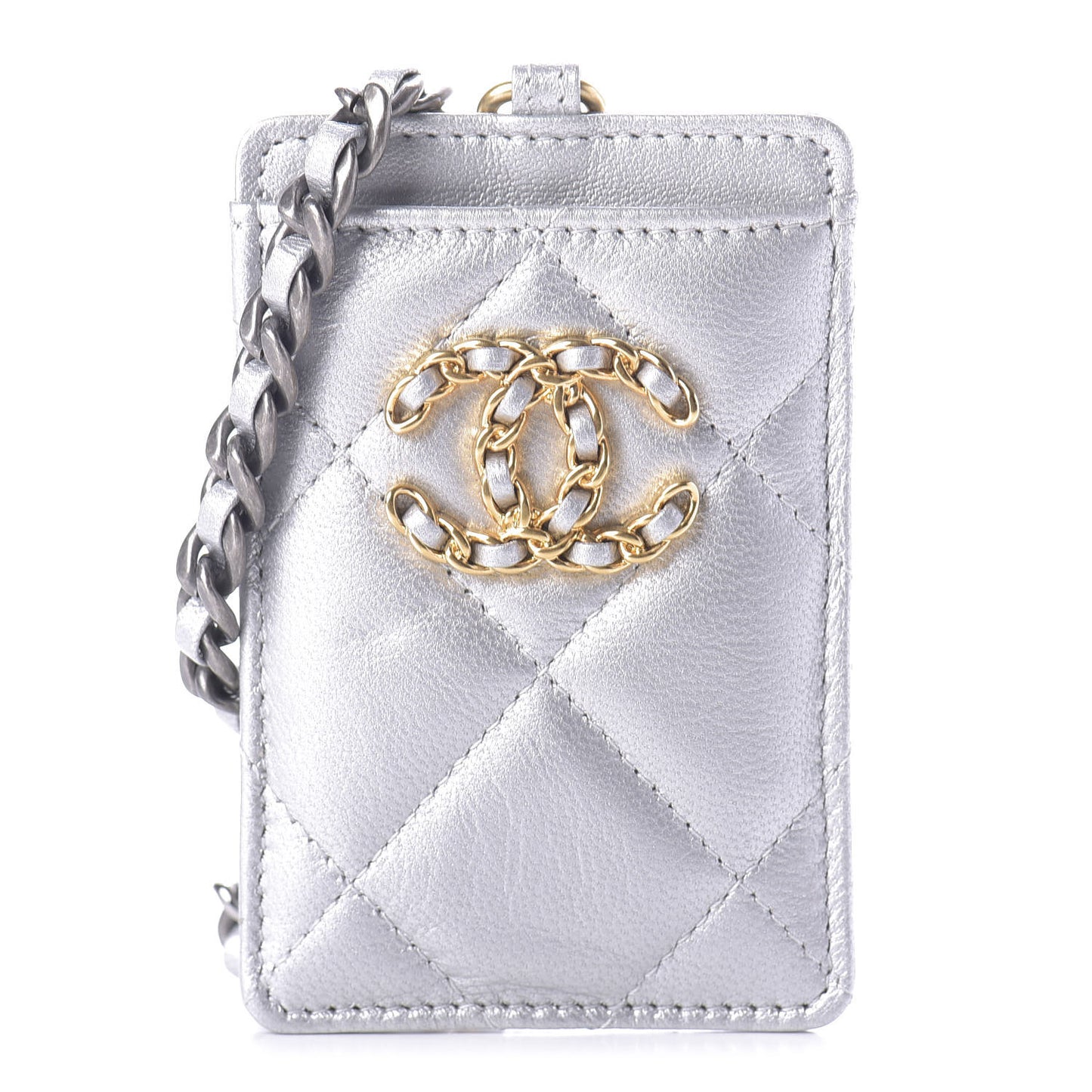 Metallic Goatskin Quilted 19 Card Holder On Chain Silver