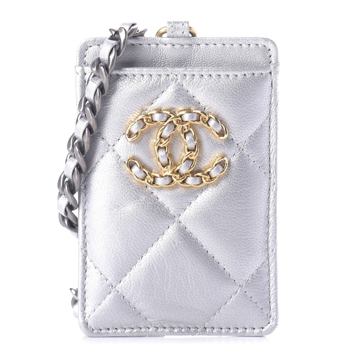 Chanel Metallic Goatskin Quilted 19 Card Holder On Chain Silver 1 of 10