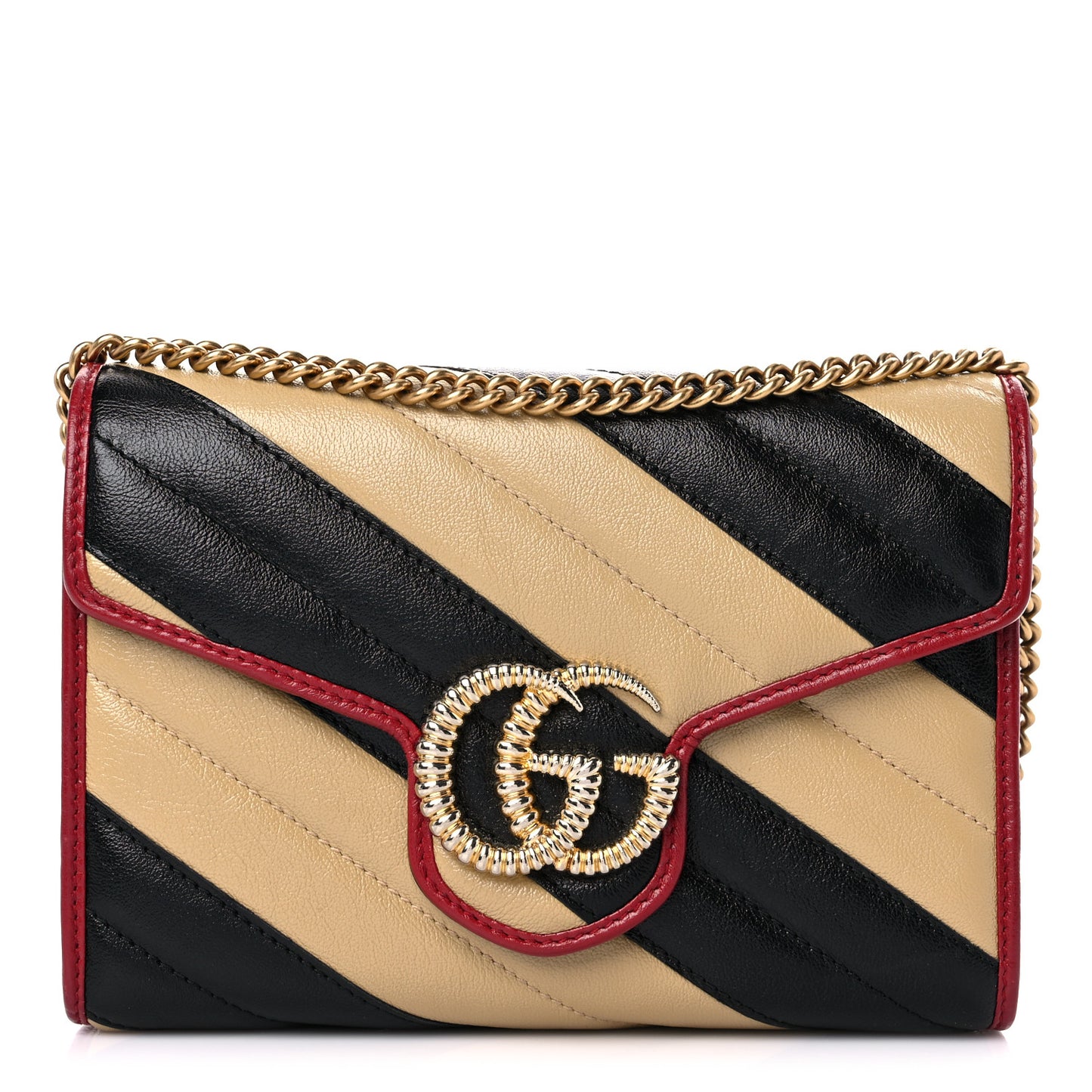 Azalea Calfskin Matelasse Diagonal Patchwork Torchon GG Marmont Chain Wallet Black Beige Romantic Cerise