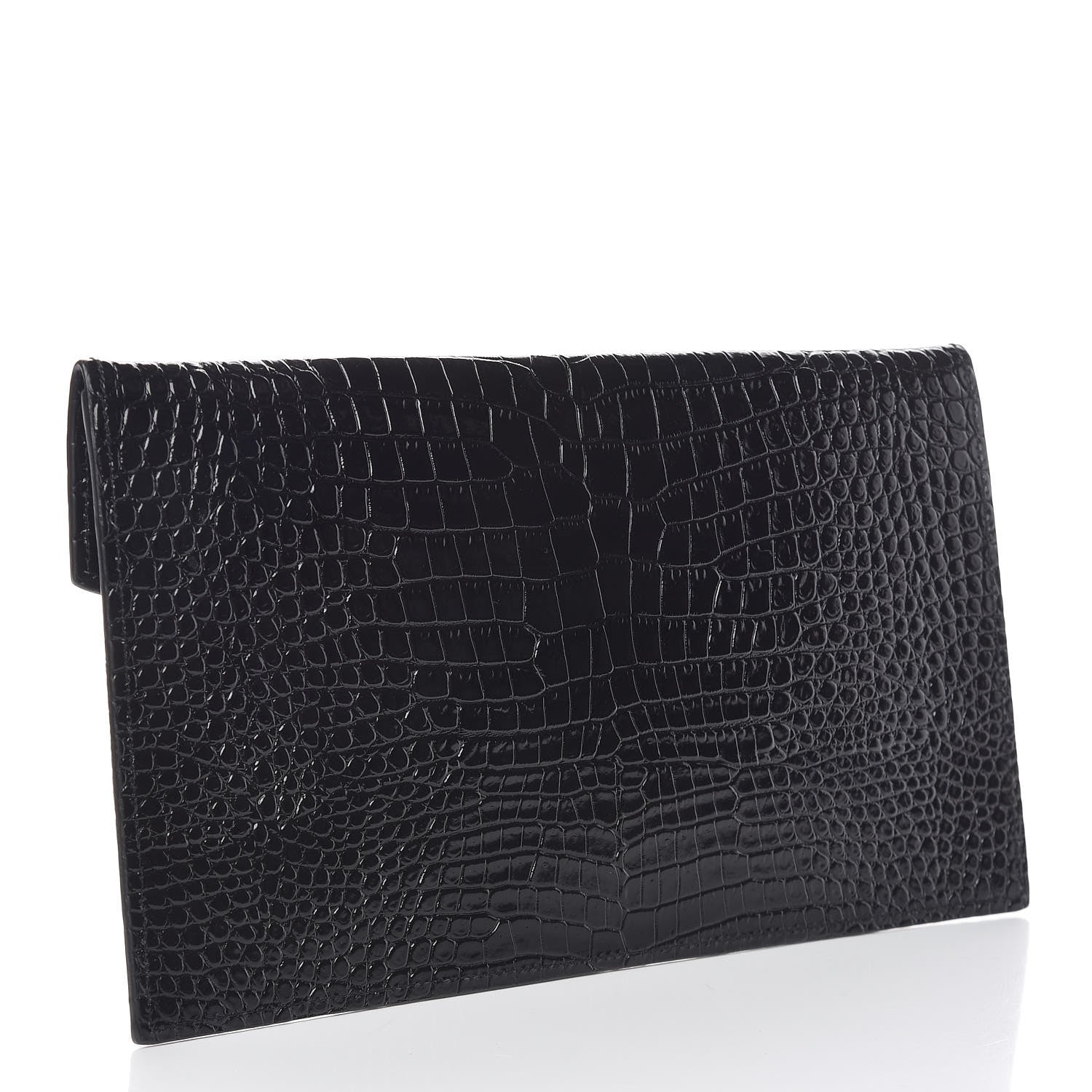 Saint Laurent Calfskin Crocodile Embossed Uptown Monogram Clutch Black 3 of 8