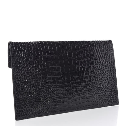 Saint Laurent Calfskin Crocodile Embossed Uptown Monogram Clutch Black 3 of 8
