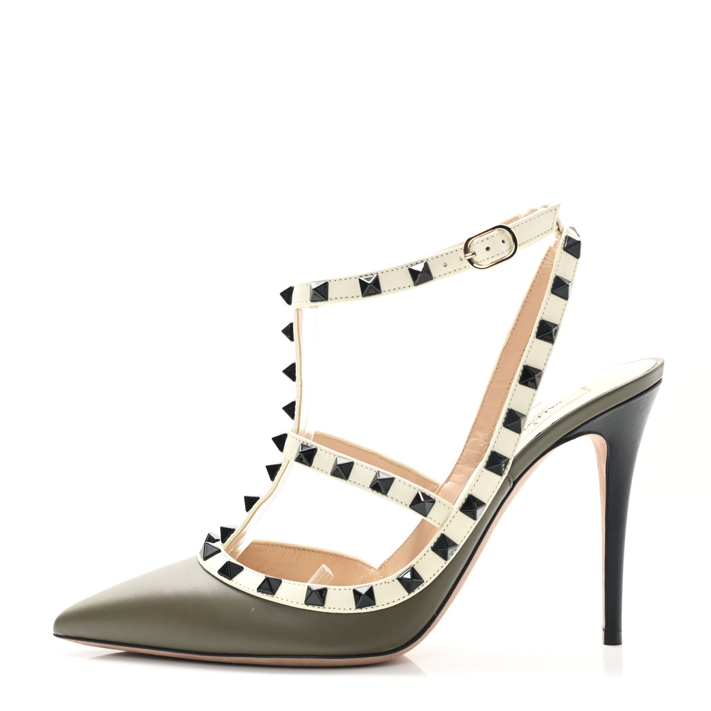 Nappa Rockstud Ankle Strap 100mm Pumps 40.5 Army Green Light Ivory