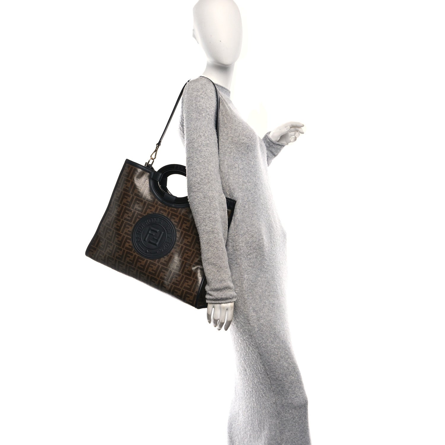 Fendi Glazed Fabric Vitello Century Plexiglass FF 1974 Stamp Patch Medium Runaway Shopper Tote Mogano Panna Black 2 of 12