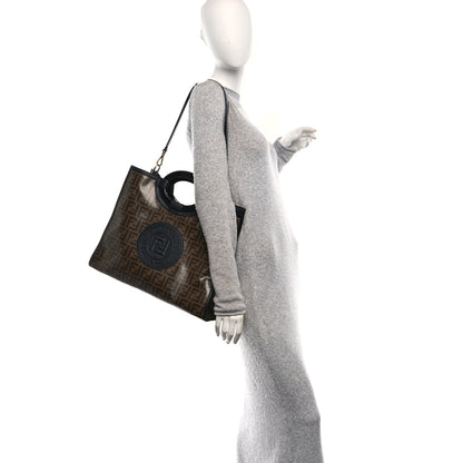 Fendi Glazed Fabric Vitello Century Plexiglass FF 1974 Stamp Patch Medium Runaway Shopper Tote Mogano Panna Black 2 of 12