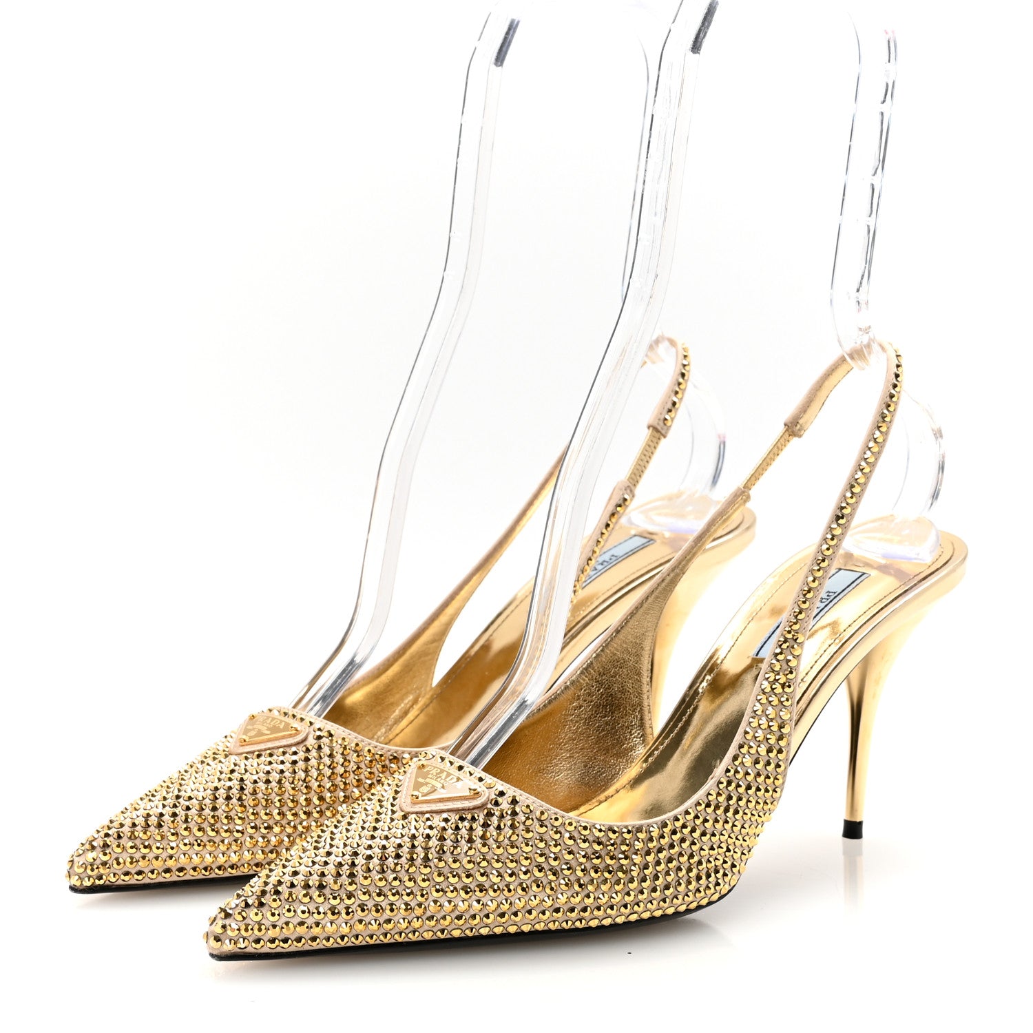 Prada Satin Crystal Triangle Logo 85mm Slingback Pumps 38.5 Platino 4 of 9