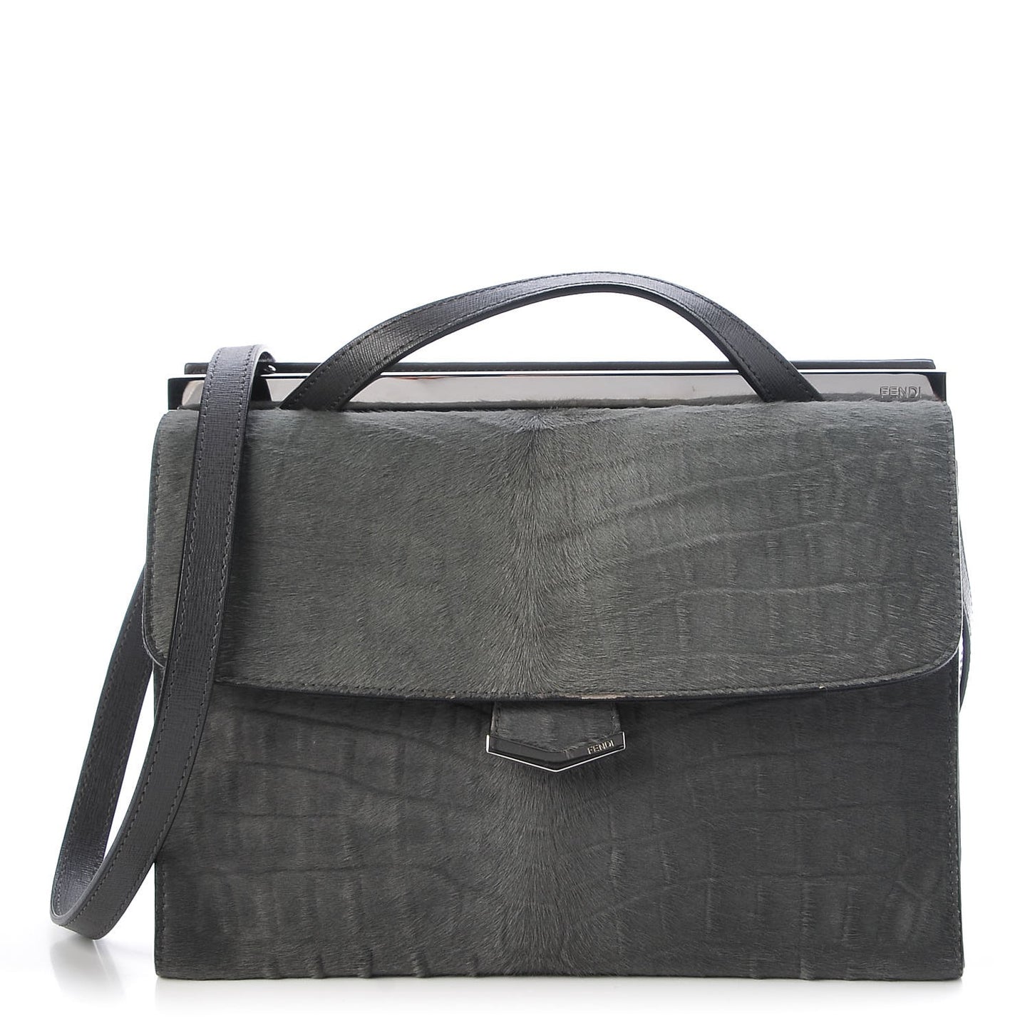 Calf Hair Crocodile Printed Demi Jour Shoulder Bag Grey
