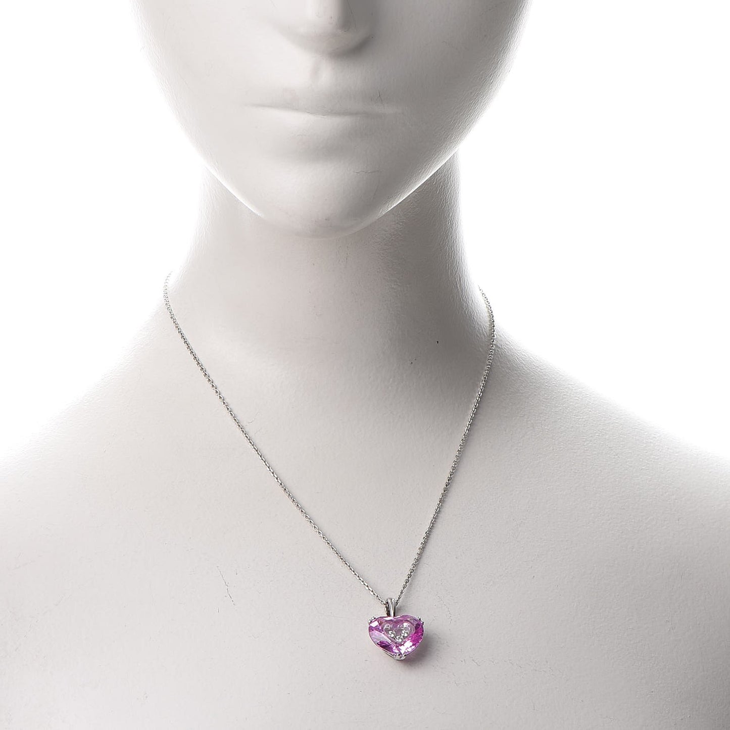18K White Gold Pink Sapphire 3 Diamonds So Happy Heart Necklace