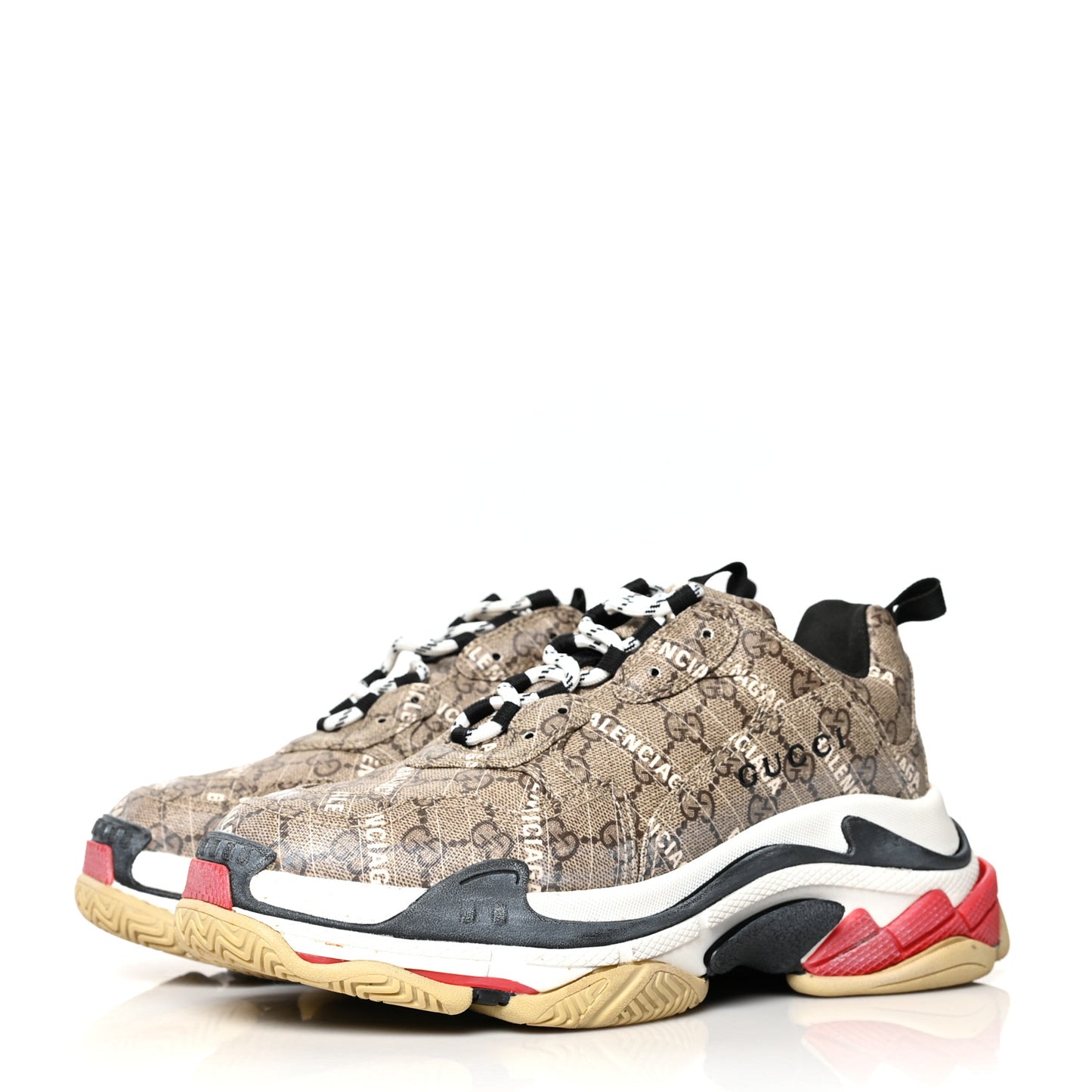 X GUCCI GG Supreme Monogram Allover Logo Mens Triple S Sneakers 41 Beige Ebony Mystic White