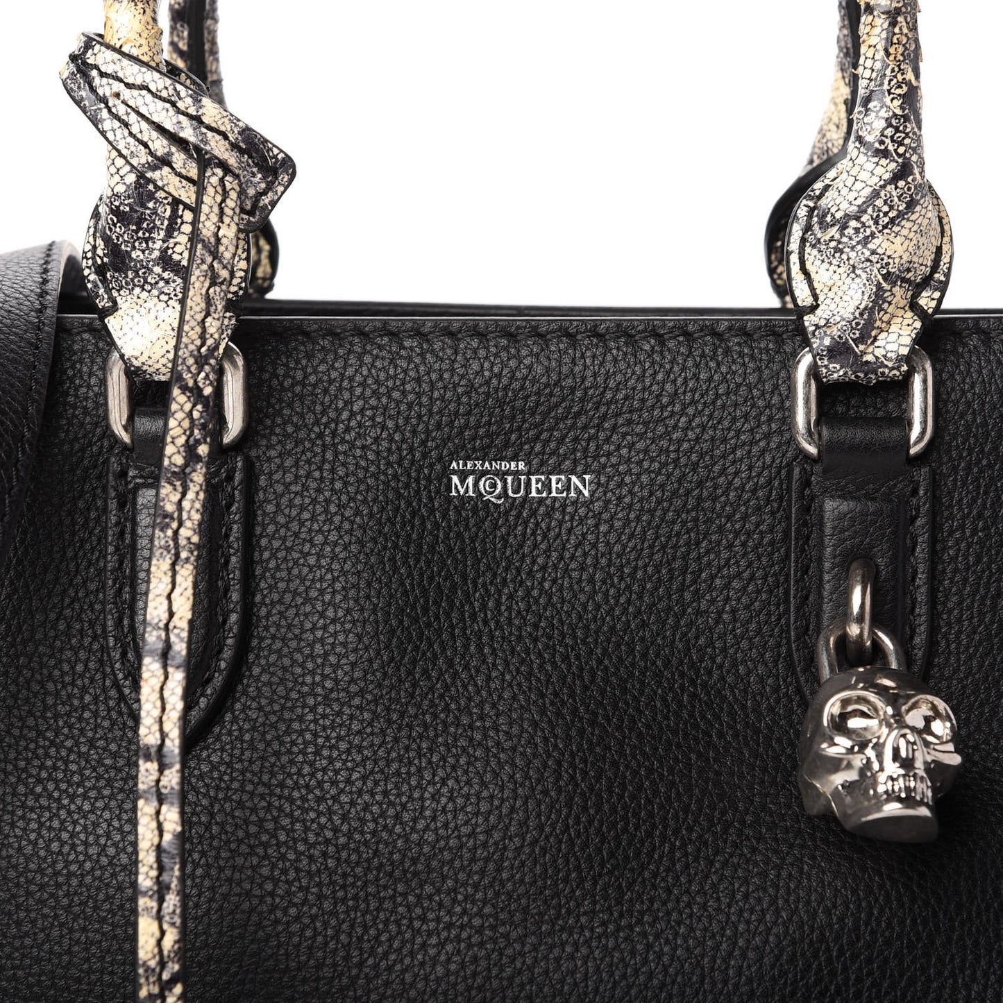 Pebbled Calfskin Snakeskin Small Skull Padlock Zip Around Tote Black