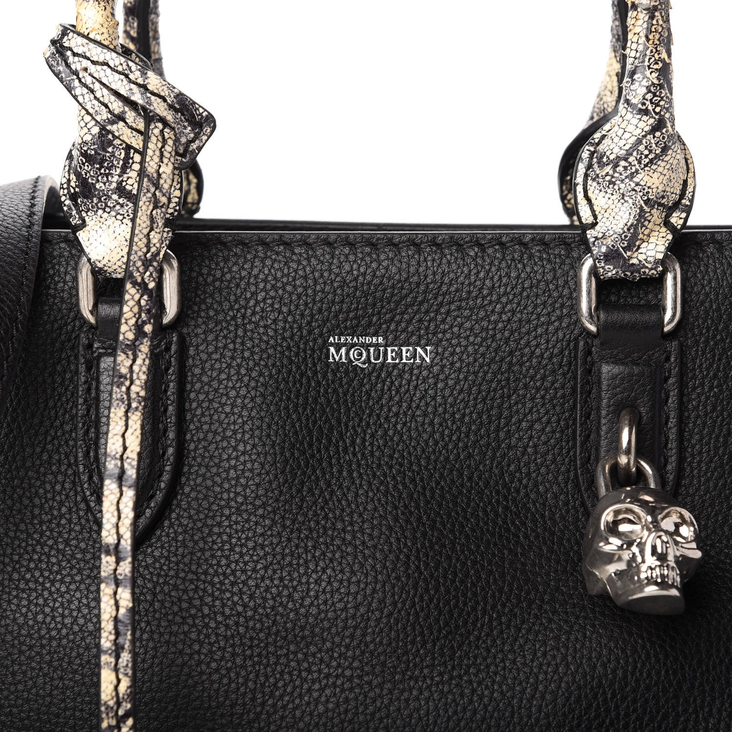 Alexander McQueen Pebbled Calfskin Snakeskin Small Skull Padlock Zip Around Tote Black 10 of 11