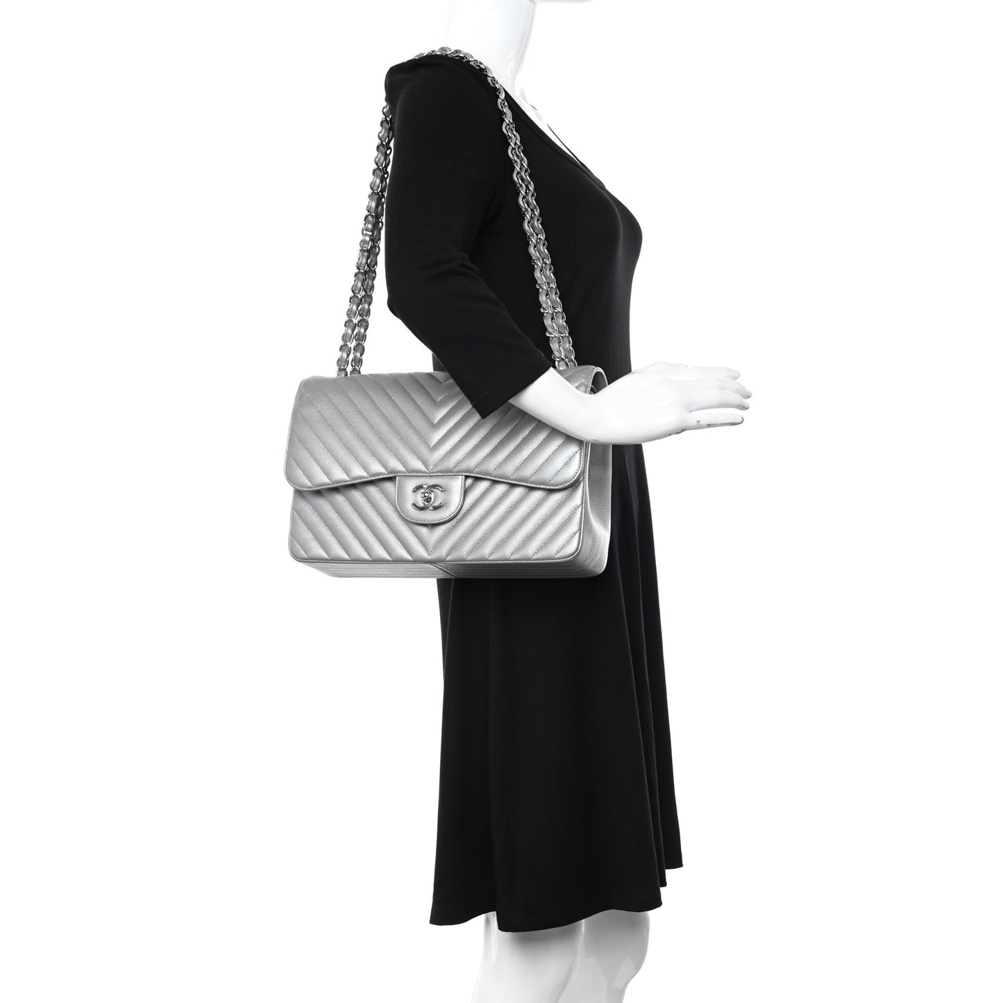Metallic Caviar Chevron Quilted Jumbo Double Flap Silver