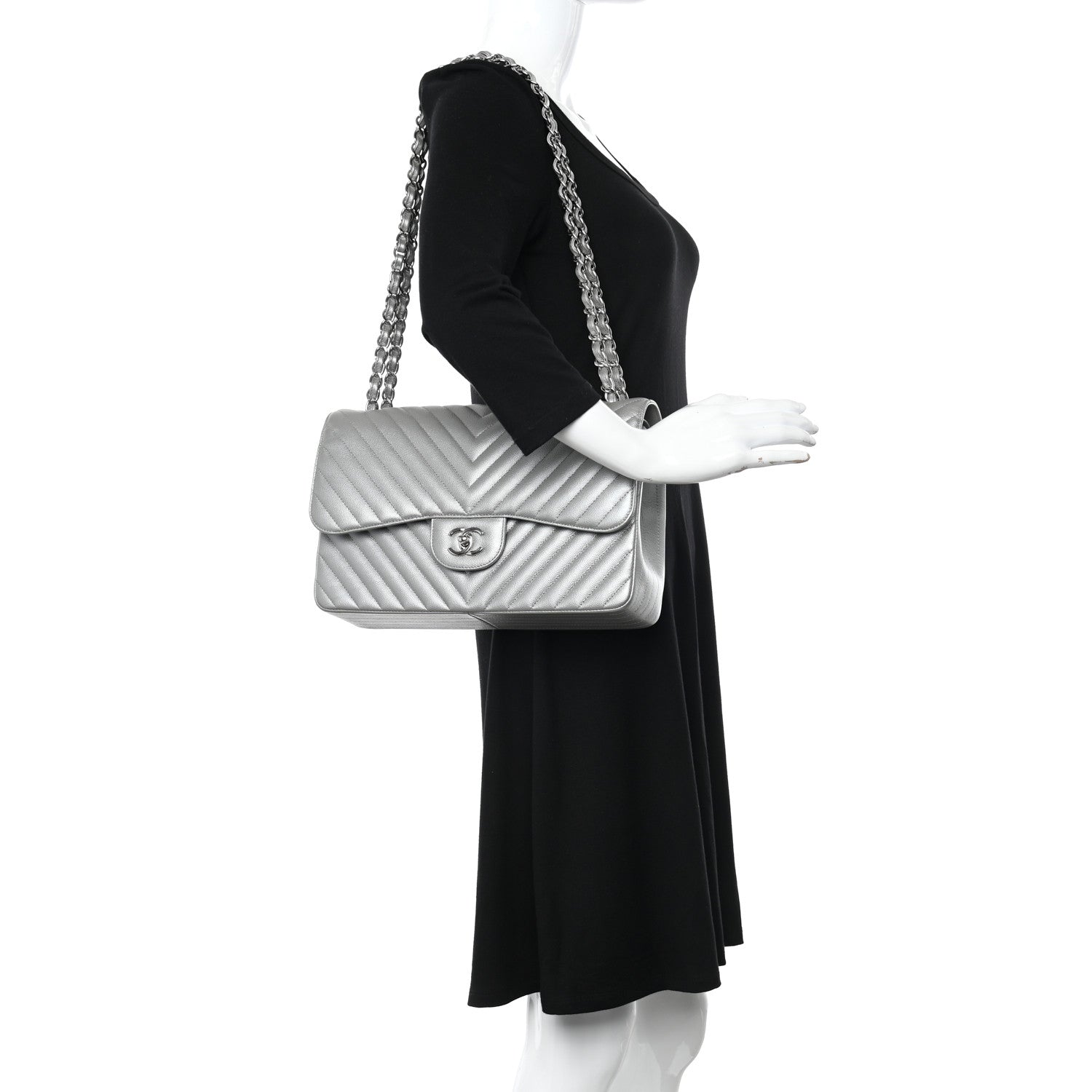Chanel Metallic Caviar Chevron Quilted Jumbo Double Flap Silver 2 of 10