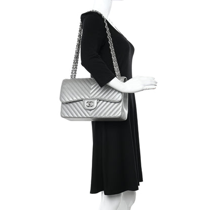 Chanel Metallic Caviar Chevron Quilted Jumbo Double Flap Silver 2 of 10