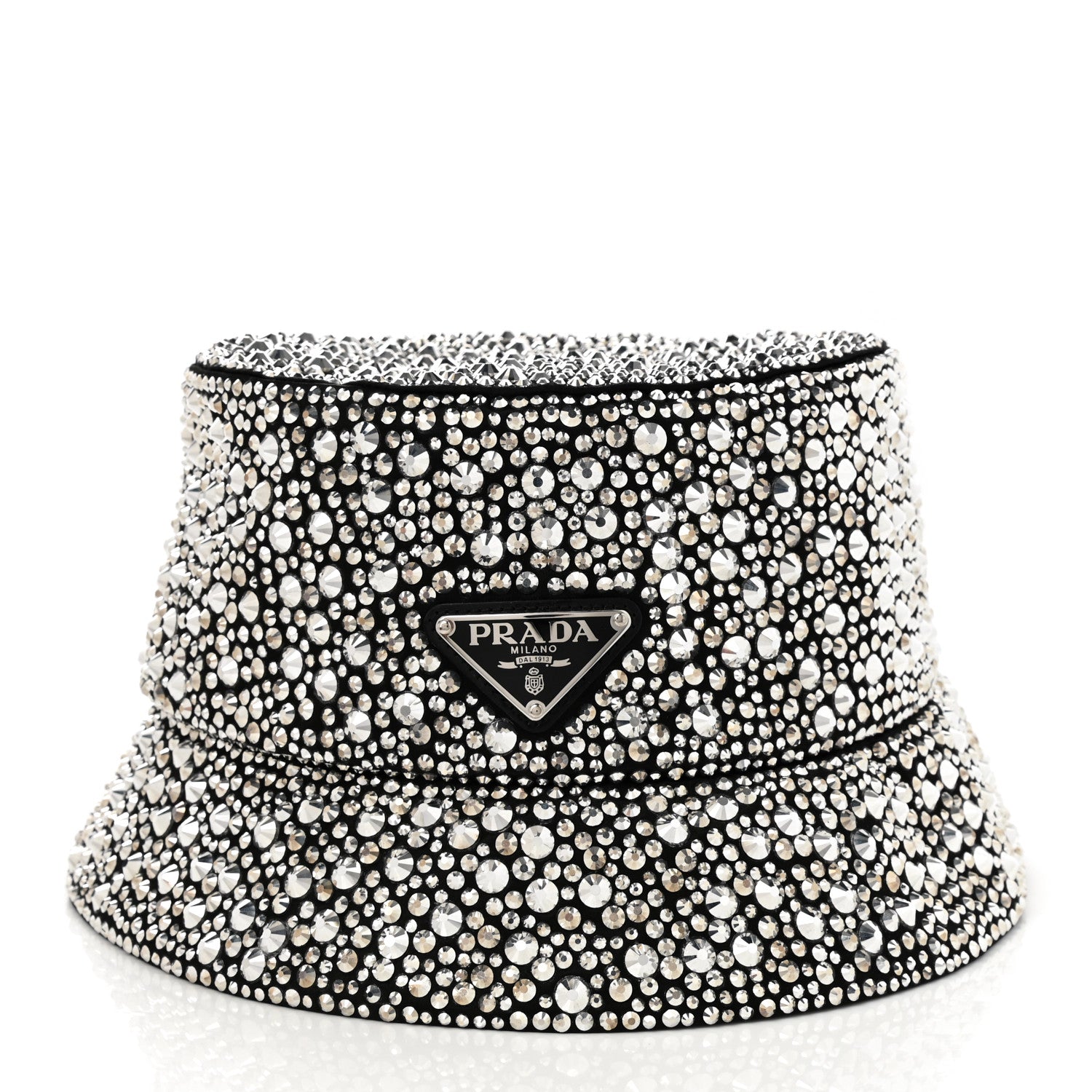 Prada Satin Crystal Metal Triangle Logo Womens Bucket Hat M Metal 3 of 8