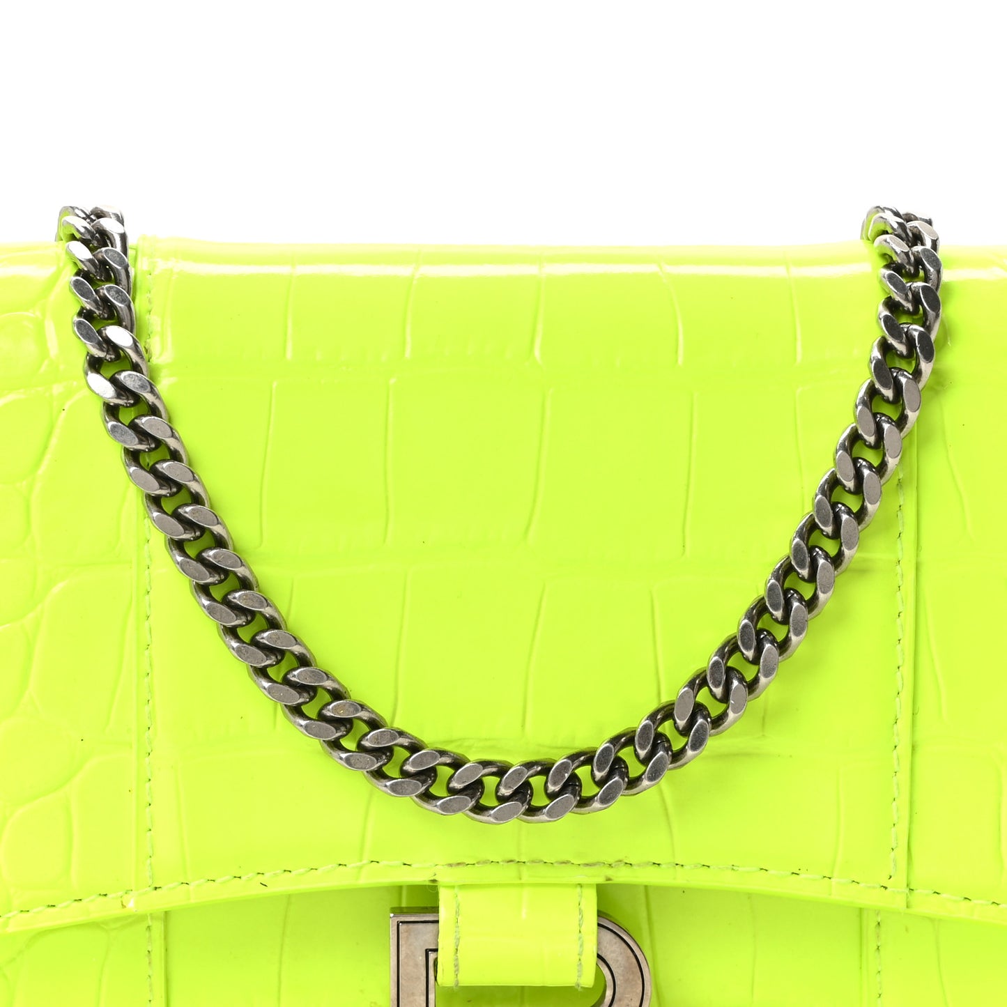 Shiny Calfskin Crocodile Embossed Hourglass Chain Bag Fluo Yellow