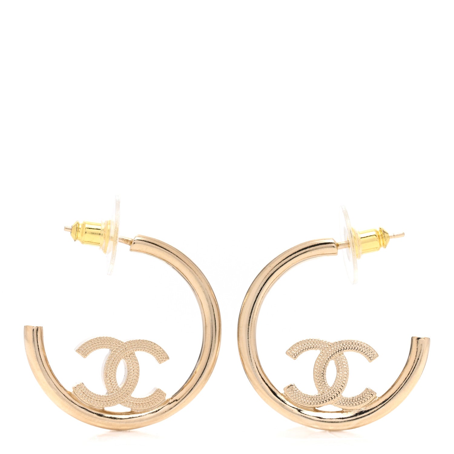 Chanel Metal Textured CC Hoop Earrings Gold 1 of 5