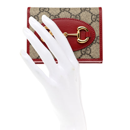 Gucci GG Supreme Monogram Azalea Calfskin Horsebit 1955 Card Case Wallet Beige Ebony New Cherry Red 2 of 7