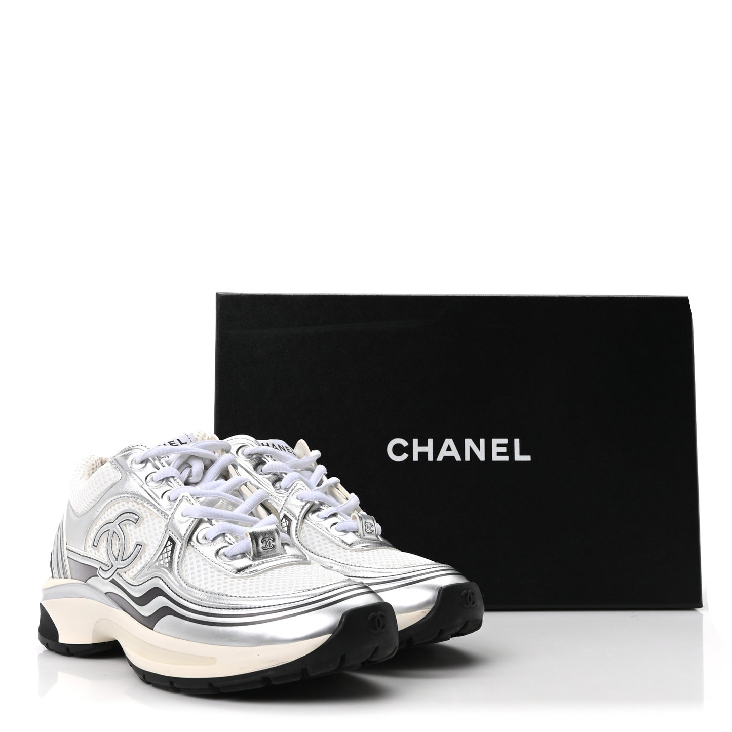 Fabric Laminated Calfskin Stretch CC Sneakers 36 White Silver