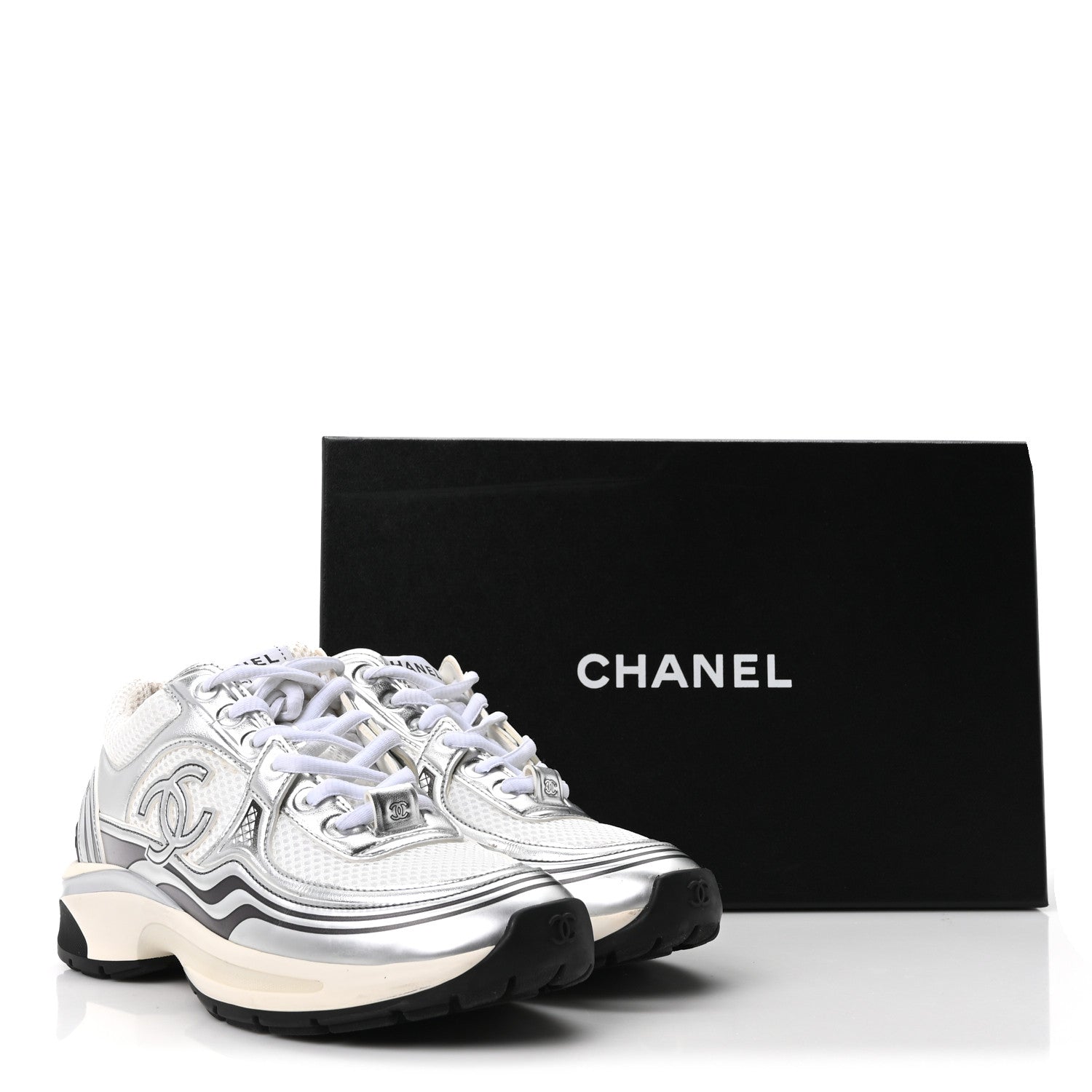 Chanel Fabric Laminated Calfskin Stretch CC Sneakers 36 White Silver 10 of 10