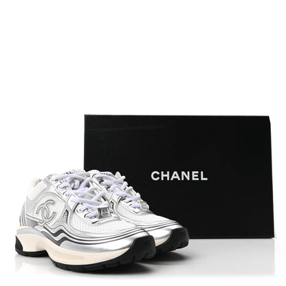 Chanel Fabric Laminated Calfskin Stretch CC Sneakers 36 White Silver 10 of 10