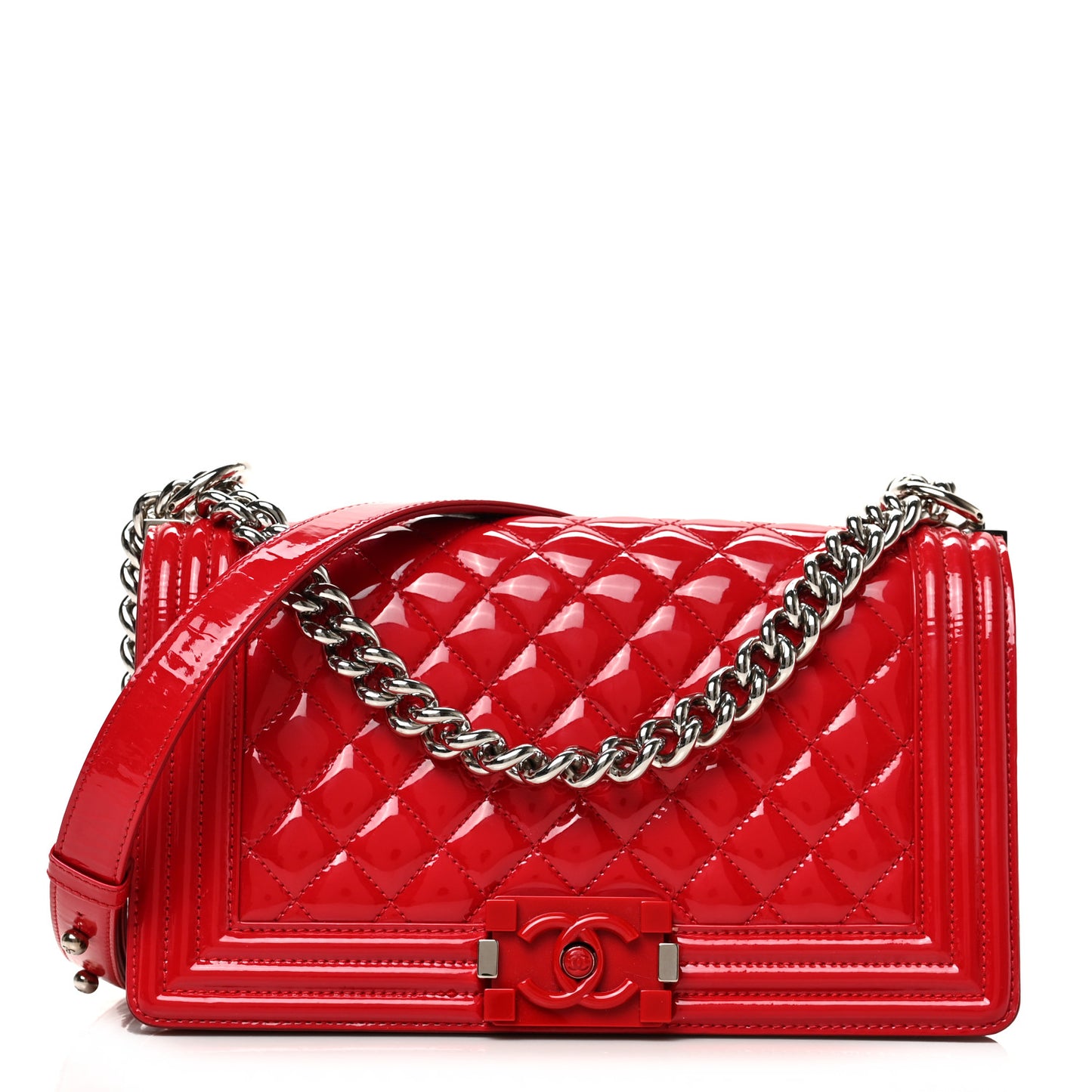 Patent Calfskin Quilted Medium Plexiglass Boy Flap Red
