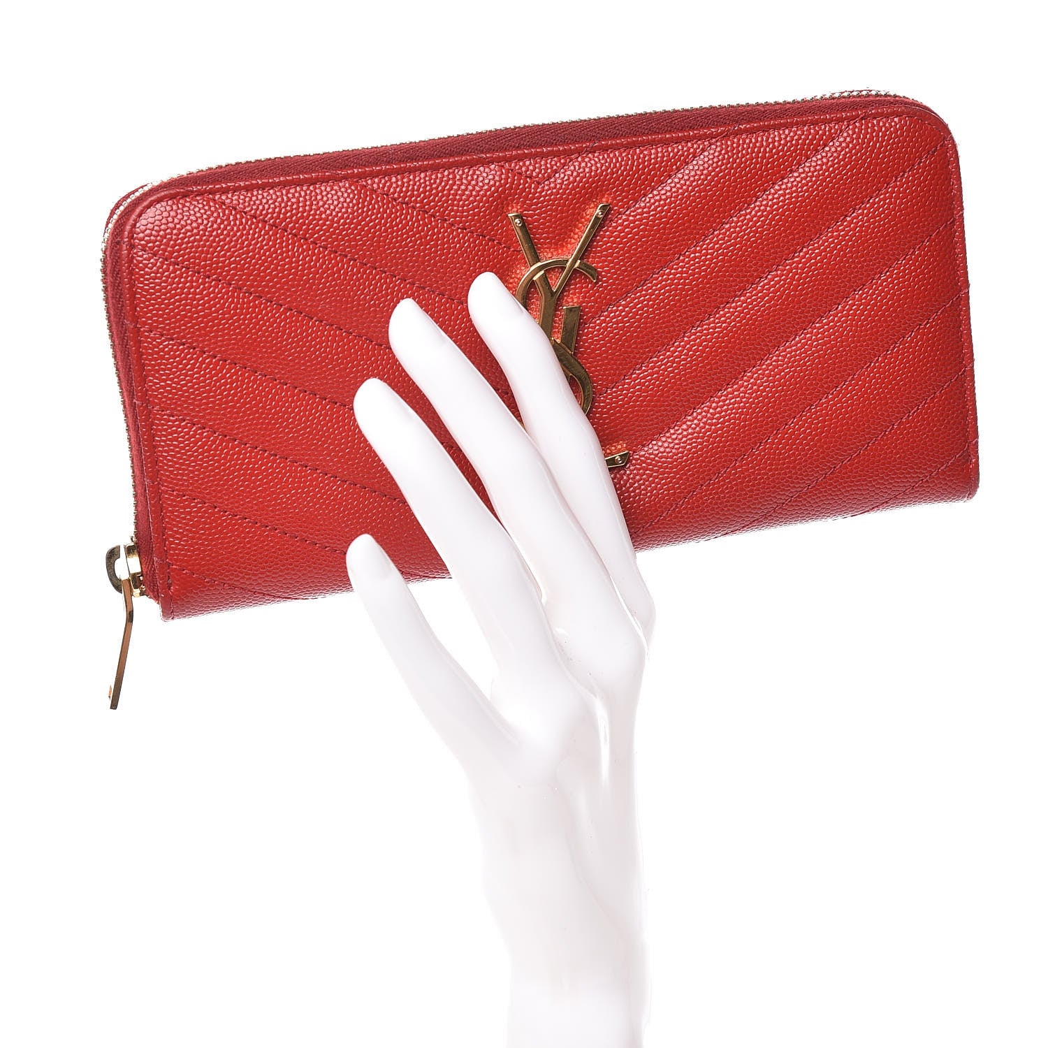 Saint Laurent Grain De Poudre Matelasse Chevron Monogram Zip Around Wallet Red 2 of 7
