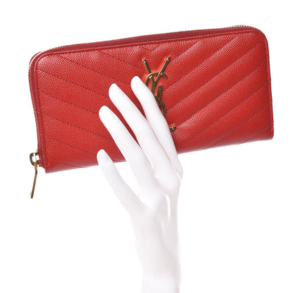 Saint Laurent Grain De Poudre Matelasse Chevron Monogram Zip Around Wallet Red 2 of 7