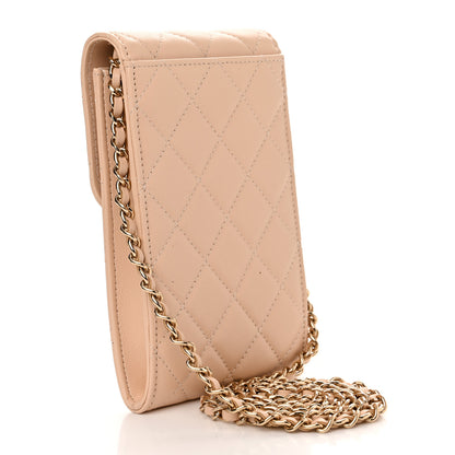 Chanel Lambskin Enamel Quilted Phone Holder With Chain Beige 3 of 12