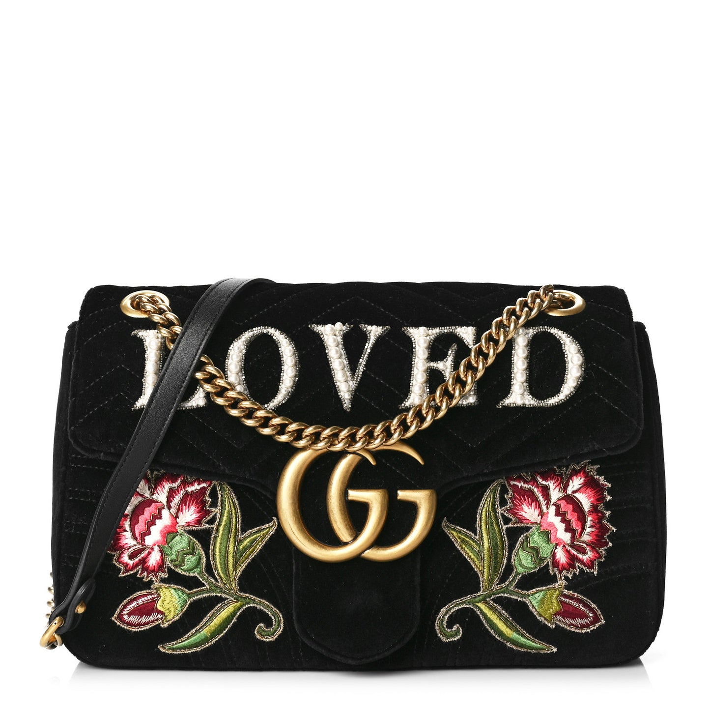 Velvet Matelasse Loved Embroidered Medium GG Marmont Shoulder Bag Black