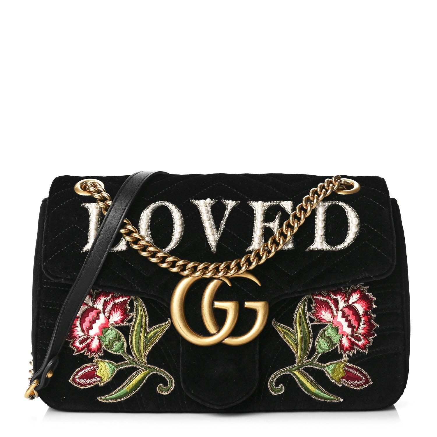 Gucci Velvet Matelasse Loved Embroidered Medium GG Marmont Shoulder Bag Black 1 of 10