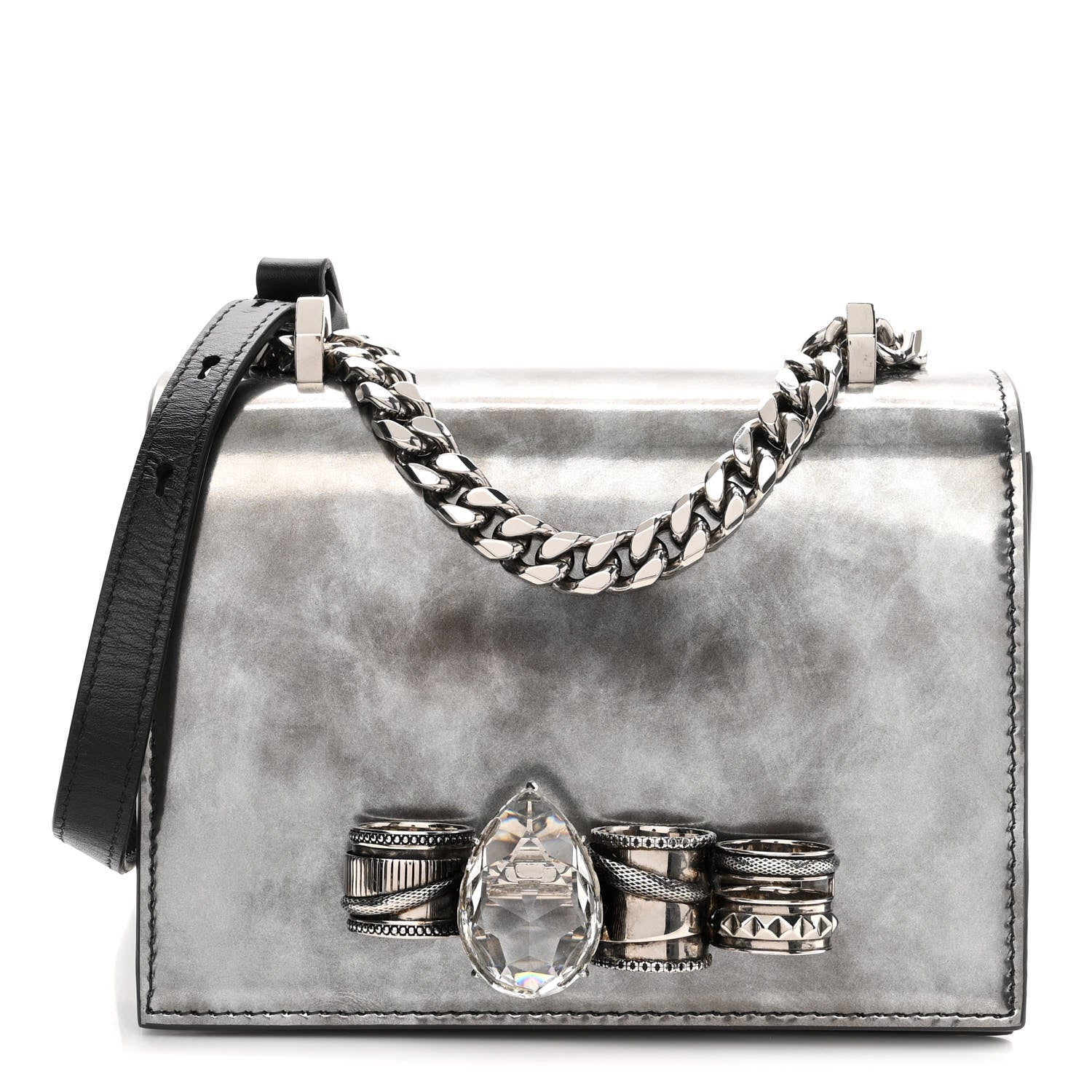 Alexander McQueen Metallic Patent Calfskin Jeweled Knuckle Satchel Silver 1 of 9