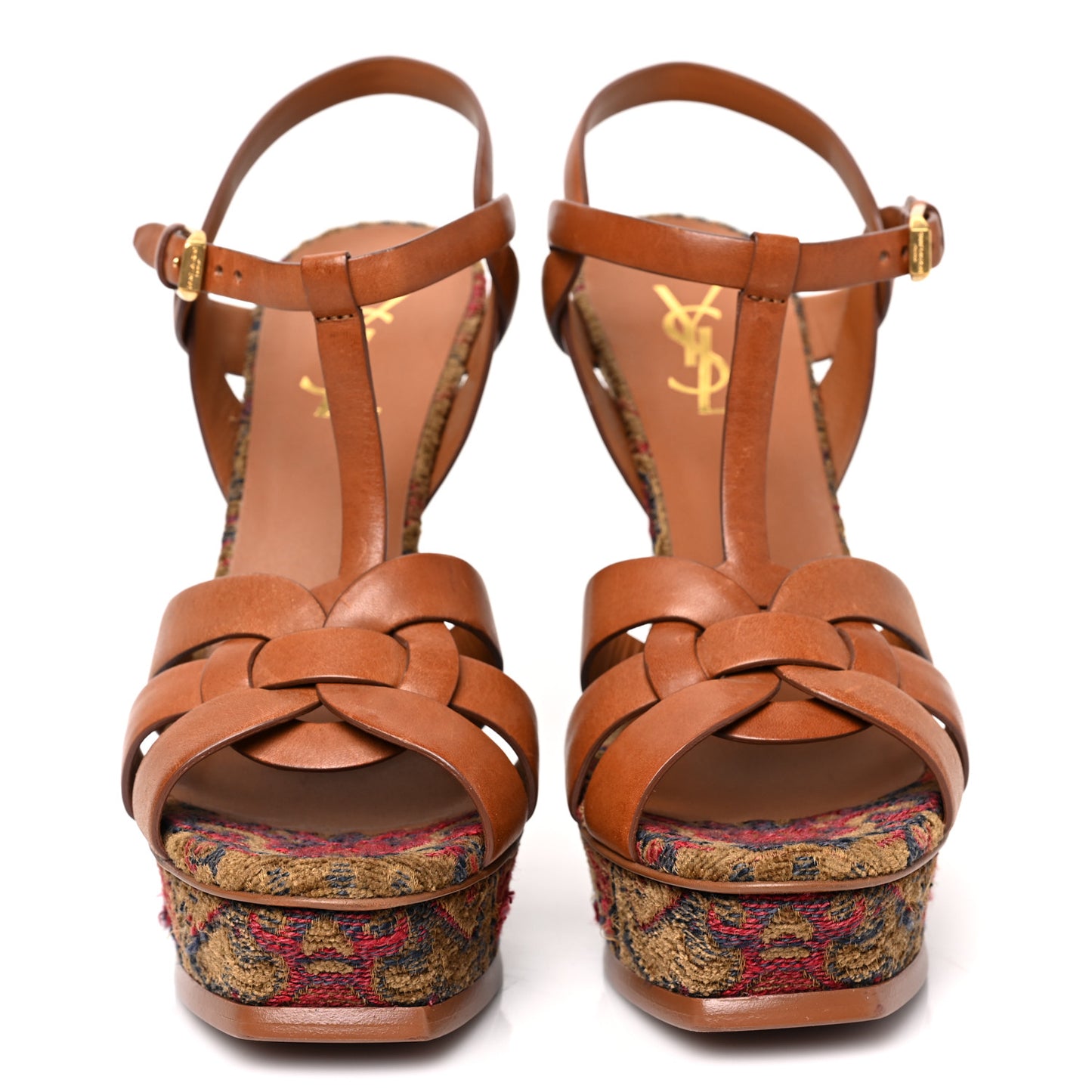 Calfskin Tapestry Marrakech Tribute 105 Platform Sandals 38.5 Ambra Sapphire